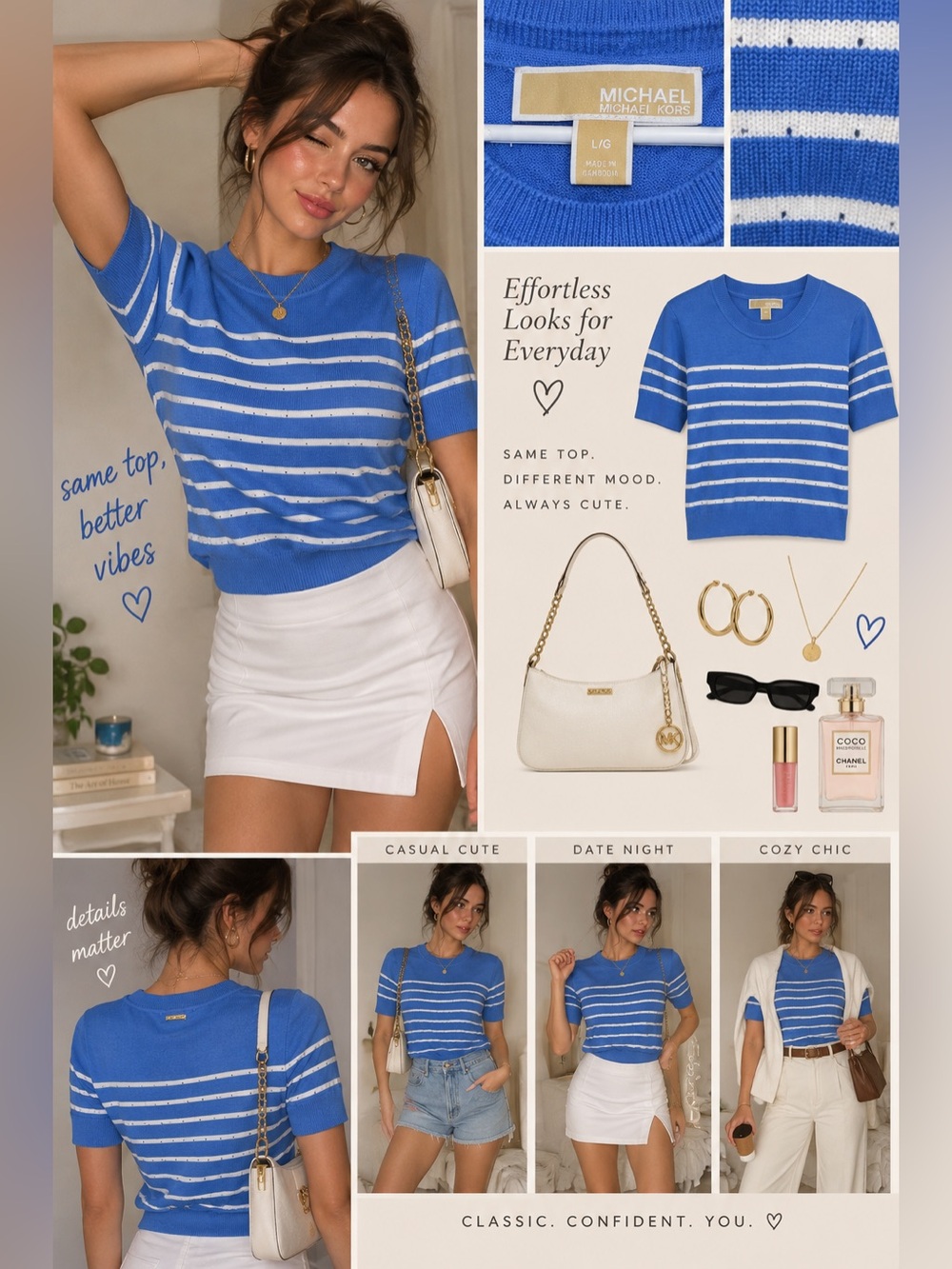 Michael Kors Blue and White Striped Short Sleeve Knit sweater Top